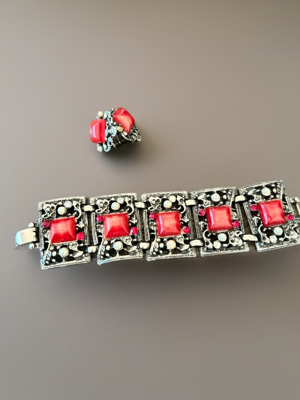 Vintage Red Glass, Rhinestone, & Silver Tone Bracelet and Matching Earrings MCM